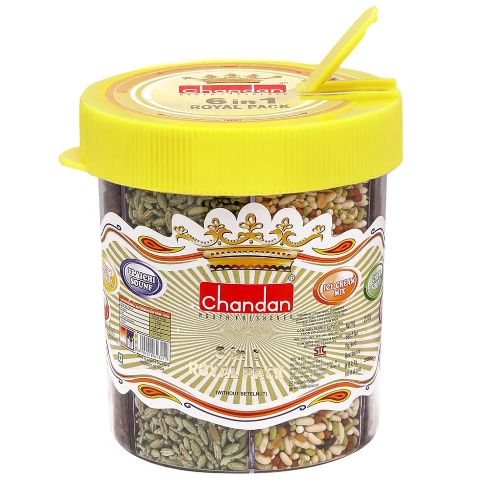 Chandan Mouth Freshener 6 in 1 Royal Pack Mukhwas | Elaichi Sounf, Churi Sounf, Ice Cream Mix, Jet Mix, Gulab Mix & Softy Tukda | 100% Natural, 8.11 oz / 230 g