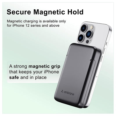 Ambrane 10000mAh Magnetic Wireless Power Bank for iPhone 12 & Above, 22.5W Wired + 15W Wireless Charging, Mobile Stand, Type C PD (Input & Output), Li-Polymer (Aerosync PB 10, Black)