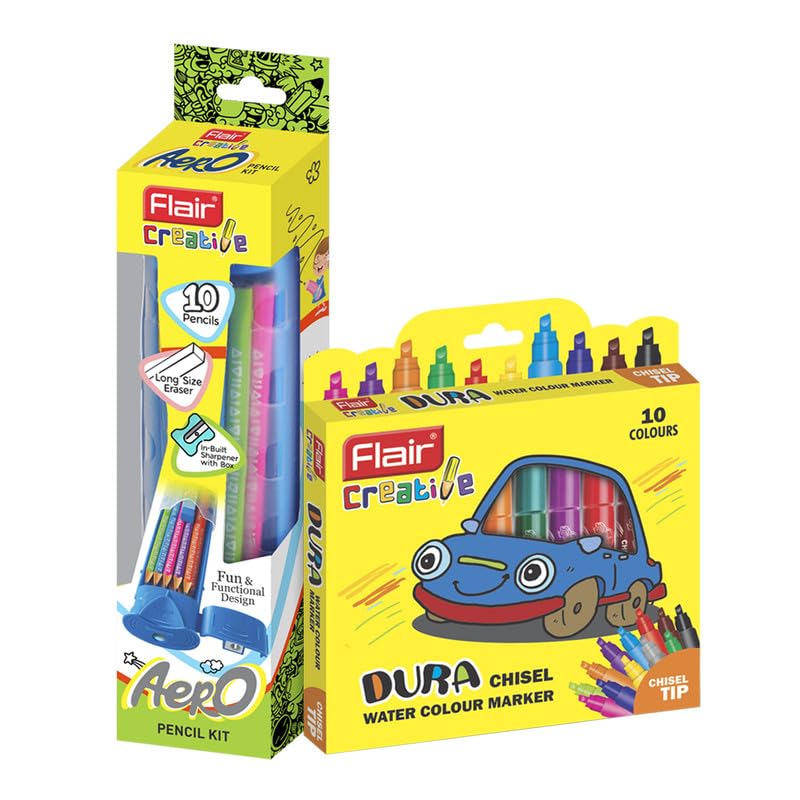 Flair Creative Series 10 Wooden Aero Pencil Kit & 10 Bright Multicolor Shades Chisel Watercolor Pen Art Combo Pack