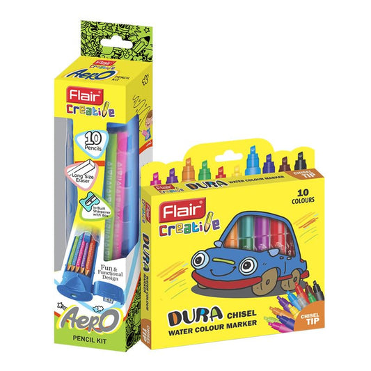 Flair Creative Series 10 Wooden Aero Pencil Kit & 10 Bright Multicolor Shades Chisel Watercolor Pen Art Combo Pack