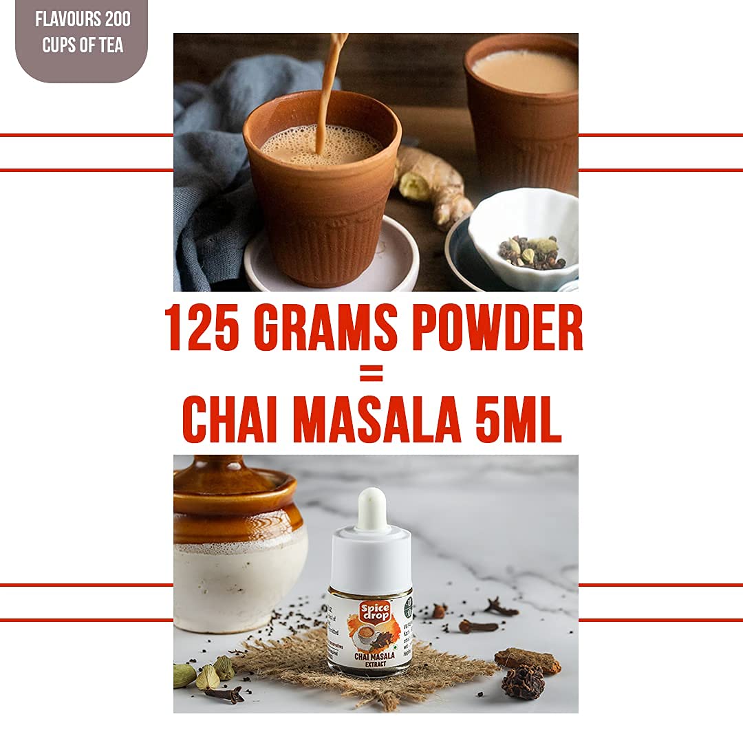 Spice Drop Chai Masala Extract | Tea Masala Drops |Authentic Indian Recipe| No preservative | 5 ML (180 Drops)| 1 drop per cup | 1 bottle 180 cups| Flavors 180 cups | 5ML equals 125 grams of powder