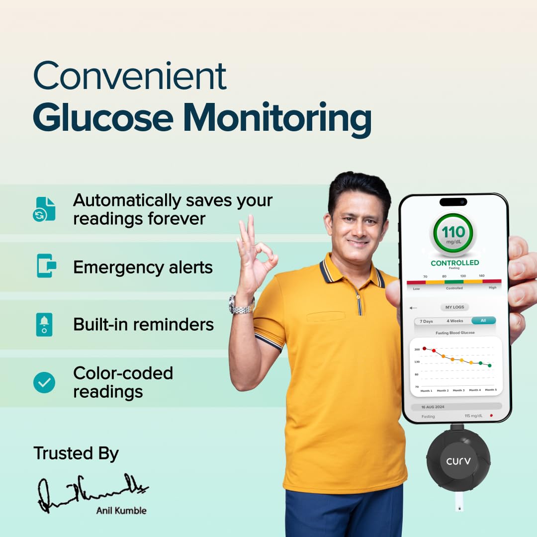 BeatO CURV Sugar Test Machine | FREE 25 Strips & 25 Lancets (Type-C USB Connector) | Simple & accurate testing of Blood sugar levels at home |Smartphone Connected Glucometer Machine | Android only | ISO Certified: Made in India