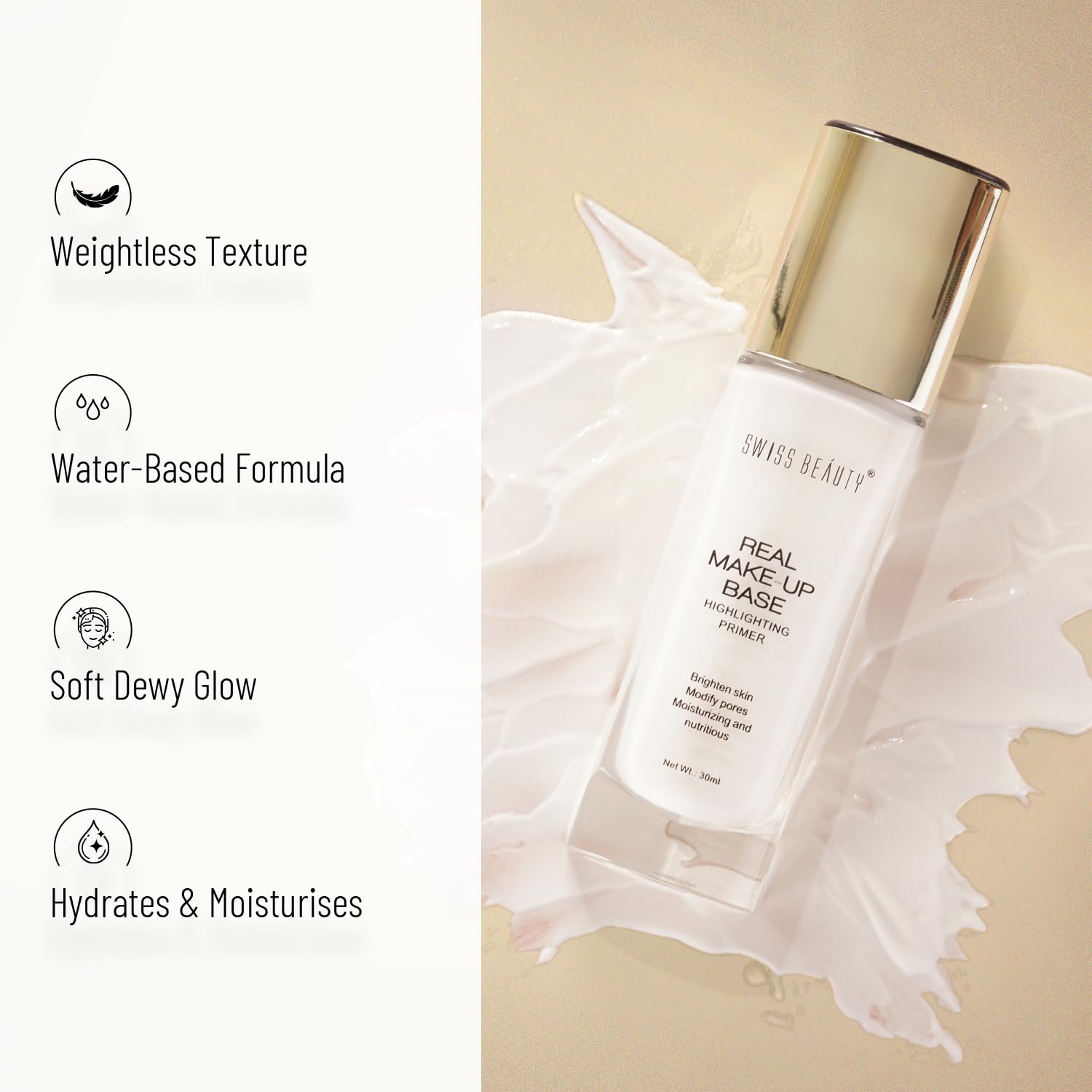 Swiss Beauty Real Makeup Base Highlighting Primer| Skin-Hydrating Poreless Primer With Natural Glow Finish For Face Makeup |Shade - Golden-Tint, 32Ml