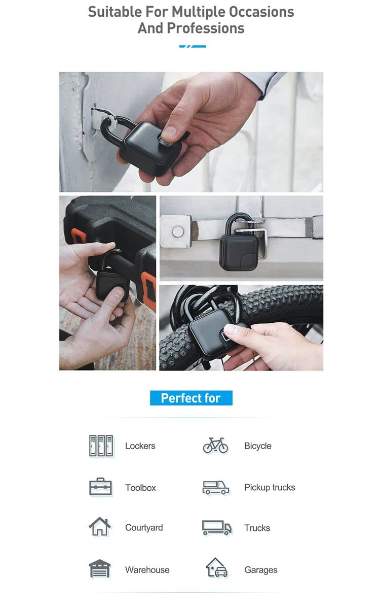 Arcnics® - Rugged Smart Fingerprint Padlock, Bluetooth Enabled Rechargeable Padlock, 10 Fingerprints Support, Keyless/Passwordless Access, Waterproof (IP65), Works with Smart Life (Black)