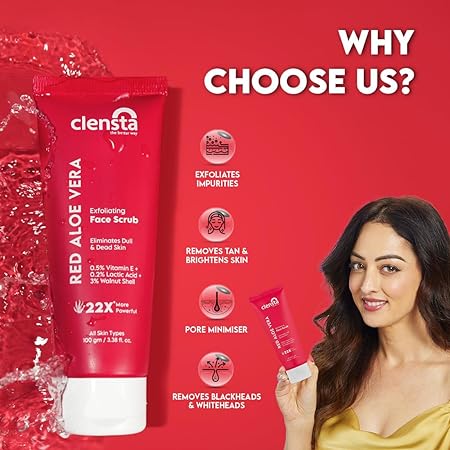 Clensta Red Aloe Vera Exfoliating Face Scrub With 3% Walnut Shell, lactic Acid & Vitamin E For Deep Exfoliation And Detan | Dead Skin Remover, Blackheads, Whiteheads, Tan Removal | Sulfate & Paraben Free | For Men & Women | All Skin Types - 100g
