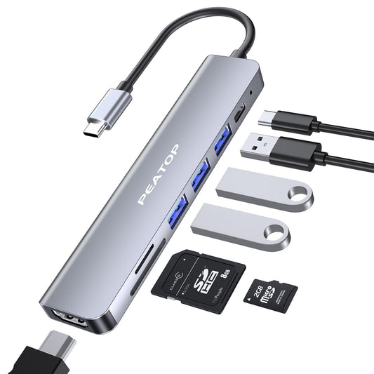 PEATOP 7-in-1 USB C Hub Docking Station for Laptop, Type C Male/Female 4K@60Hz HDMI Port, 100W PD3.0 Charging, SD/TF Card Reader, USB 3.0 5Gbps Ethernet & 2 USB 2.0 Ports