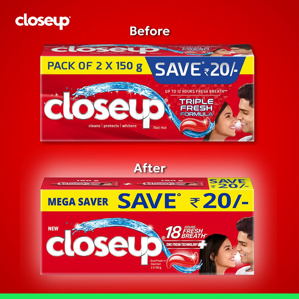 Closeup Toothpaste | Long lasting 18 Hours Of Fresh Breath & White Teeth - 300g (Pack of 2)