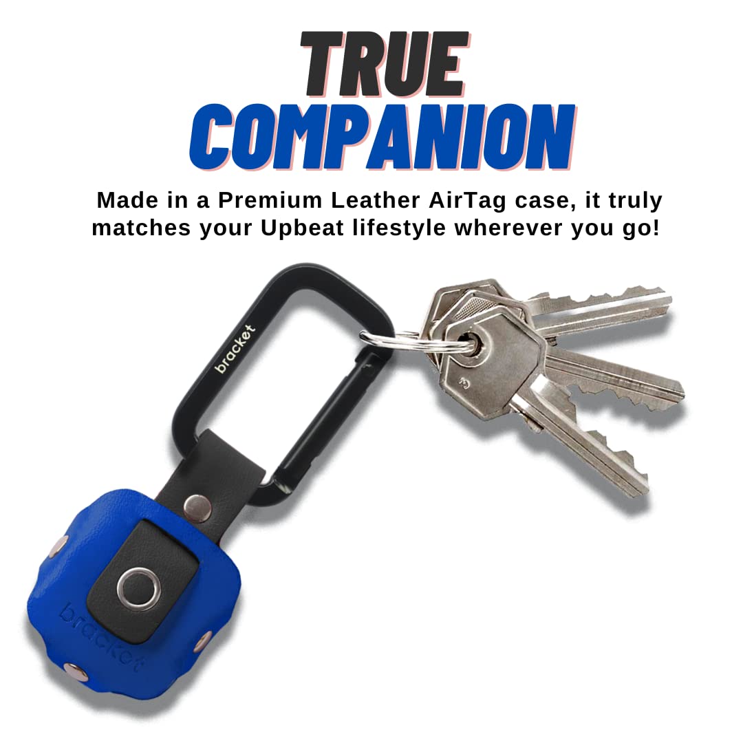 Airtag Premium Leather Key Ring Holder Case Cover Compatible with Apple Airtag, Comes with Metal Carabiner & Transparent AirTag Protective Film (1-Pack, Blue - Black) (Airtag Not Included)