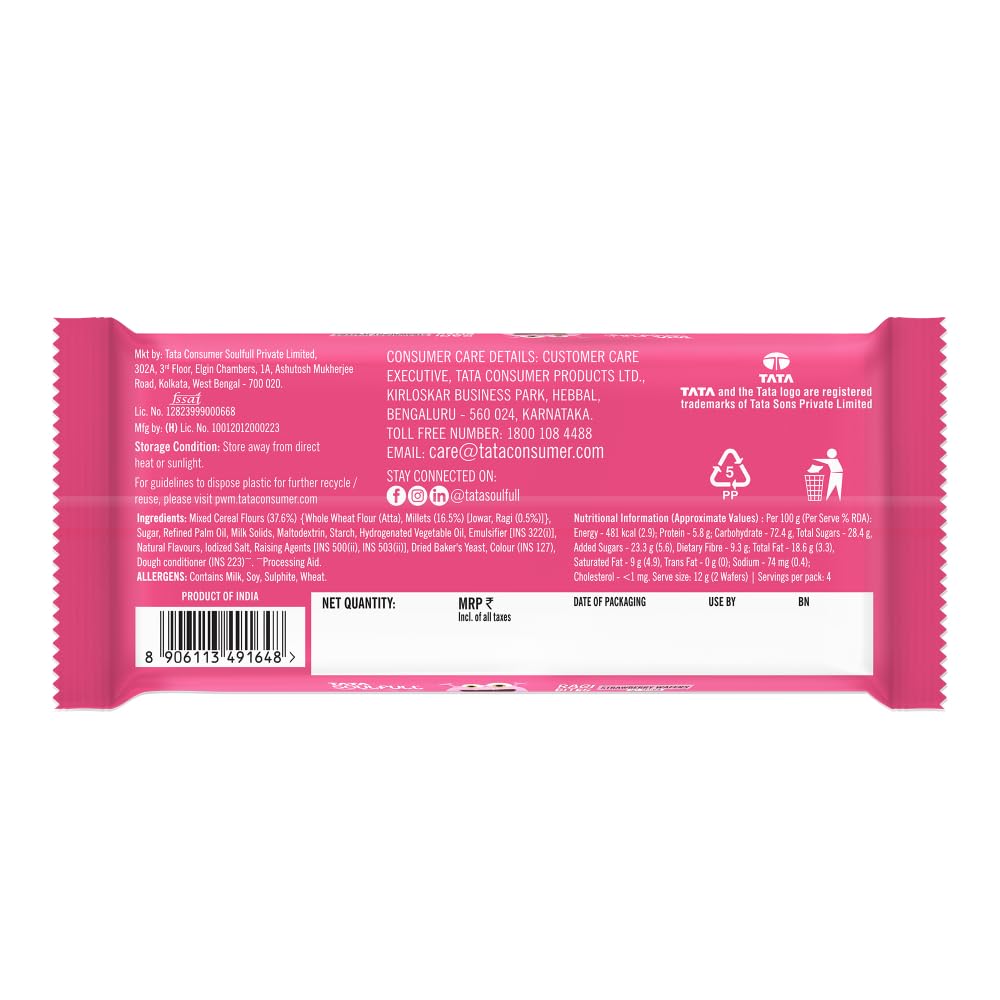 Tata Soulfull Ragi Bites Strawberry Wafers, No Maida, Strawberry Flavor, Wholesome Snack for Kids & Adults, 50g
