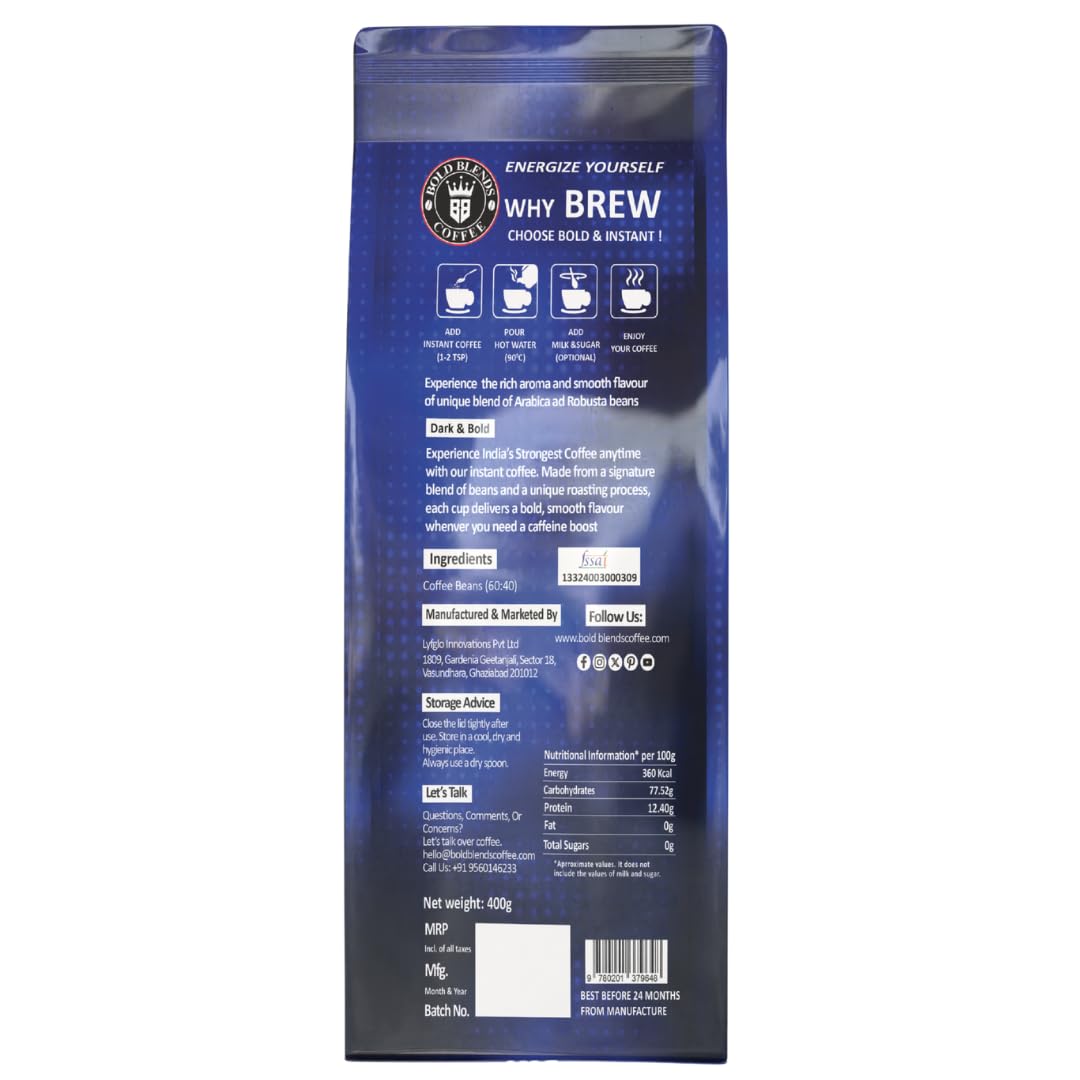 Bold Blends Cafe Special Blend 400g Instant Coffee Powder | Strongest Caffeinated | (200g*2) Bag | Medium Roast | Premium Blend of Arabica & Robusta to Energize Yourself