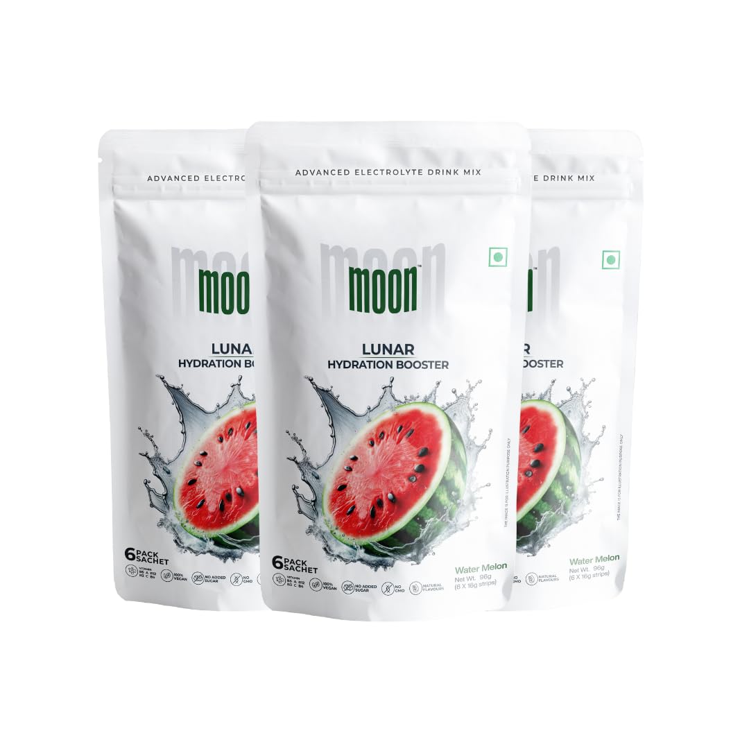 Moon Lunar Watermelon Hydration Booster Energy Drink Mix100% Natural & Healthy Electrolytes Mix Instant Daily Hydration & Energy Boost Post Workout Energy Powder Pack of 3(16g X 18 Sachets)