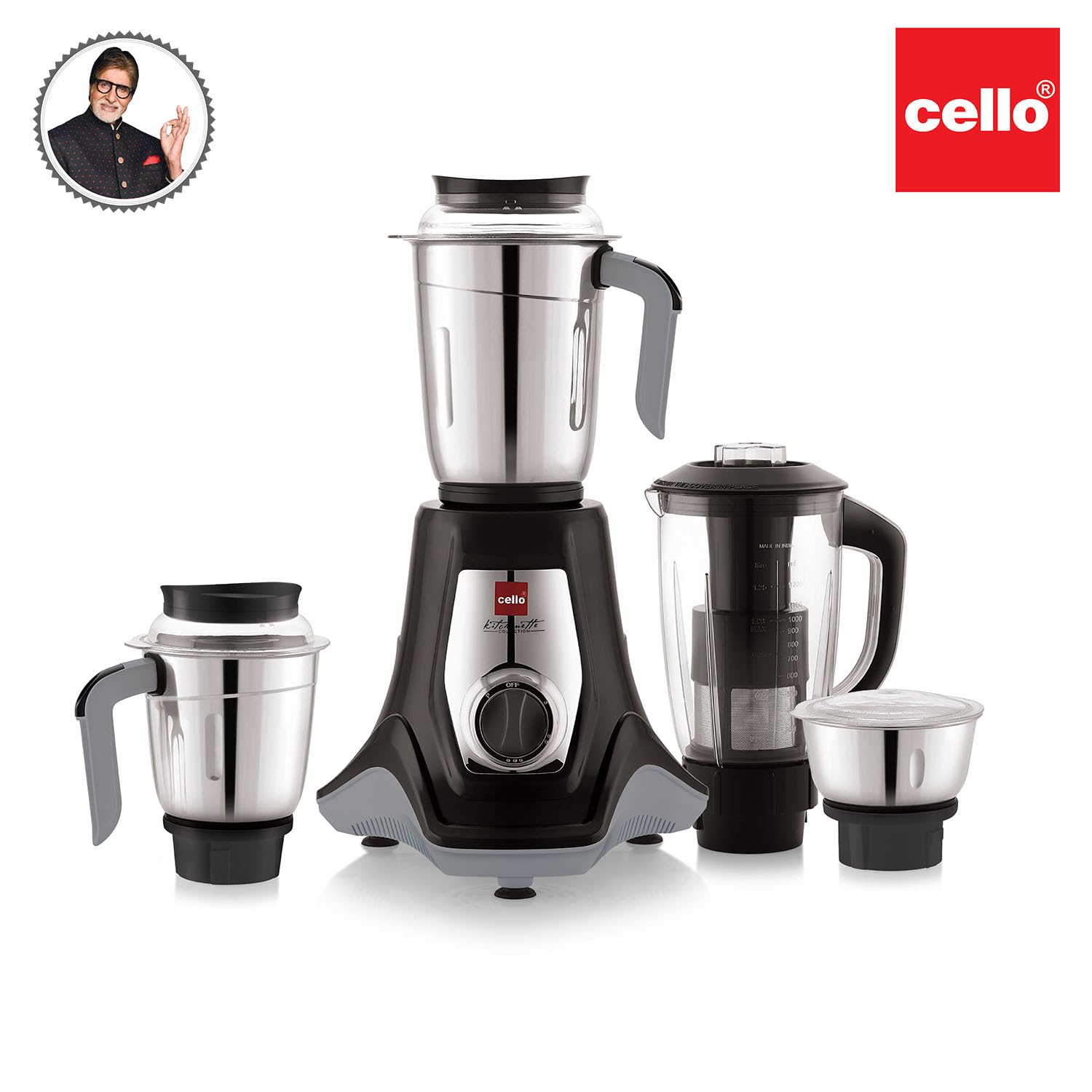 Cello Kitchenette Collection Levanate Pro Plus Mixer Grinder with 3 Jars & 1 Juicer | 500 Watts | 3X Speed Control | Set of 4 | Black