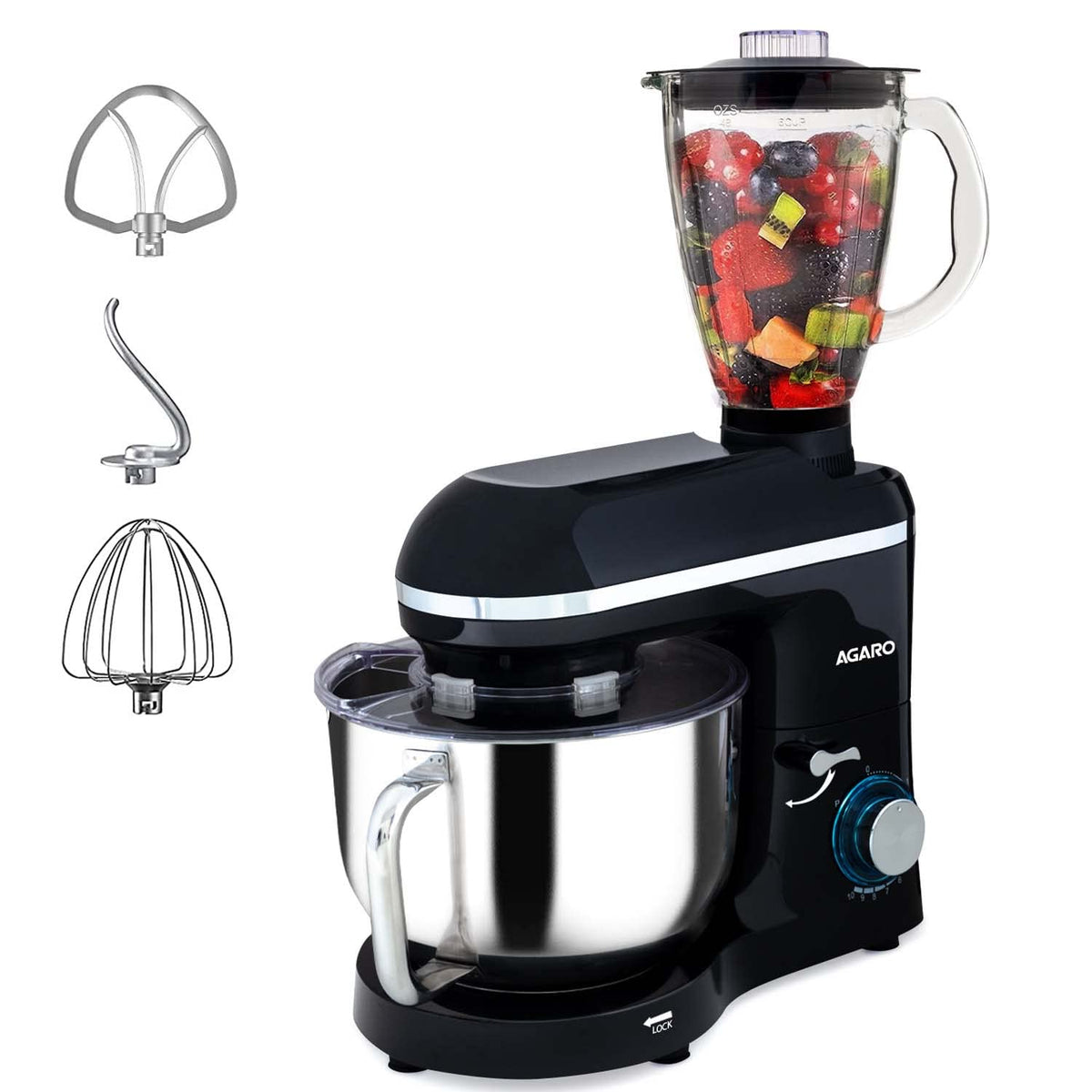 AGARO Imperial Stand Mixer,1400W with 6L SS Bowl, 1.5L Blending Jar,10 Speed With Pulse Function, 100% Copper Motor, Includes Blending Jar, Whisker, Beater, Dough Hook, Egg White Separator, Black