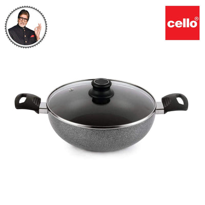 Cello Non Stick Hammered Tone Kadhai with Glass Lid 2.5 LTR, Black & Grey, Aluminium
