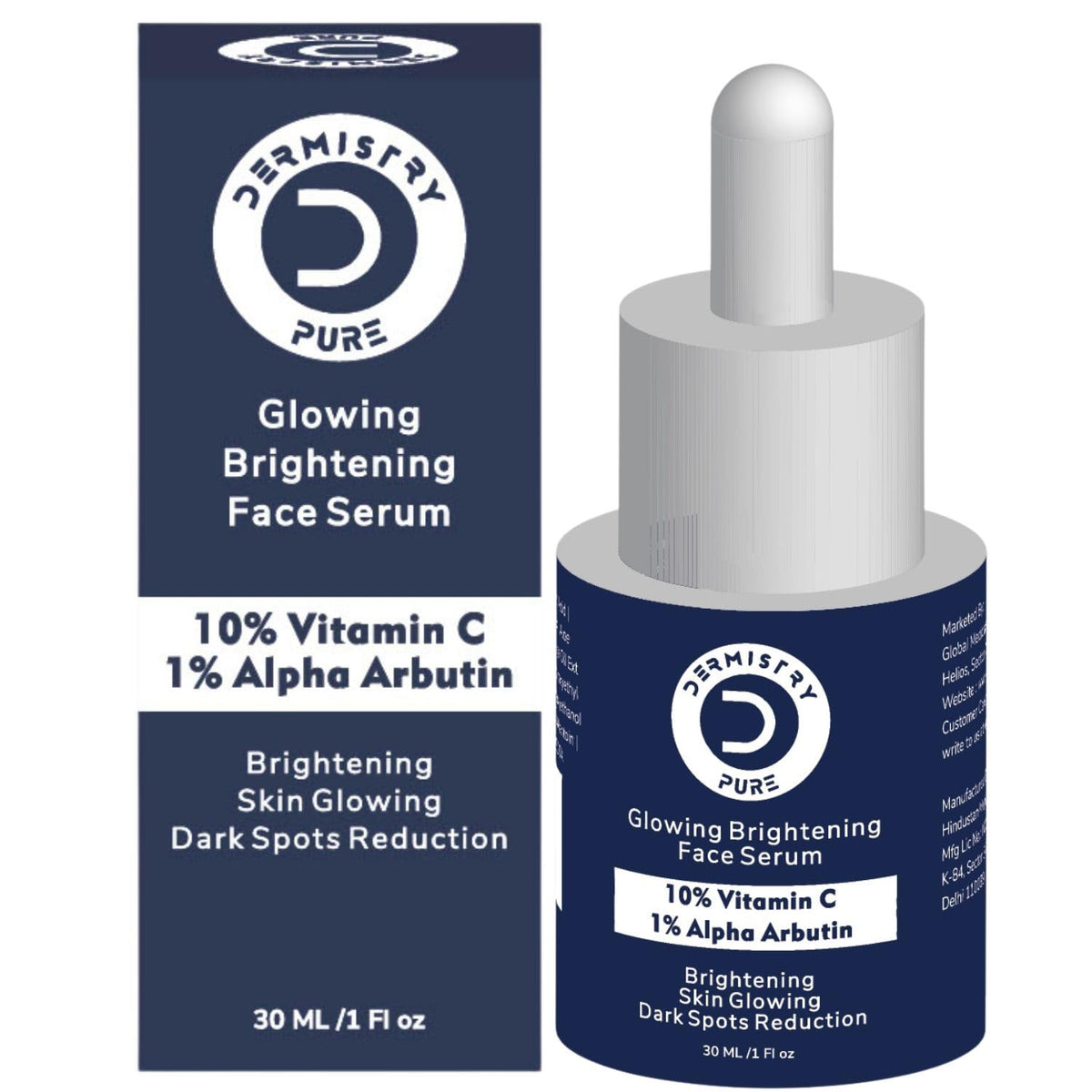 Dermistry Pure 10% Vitamin C 1% Alpha Arbutin Skin Lightening Brightening Glowing Fairness Face Serum Removes Dull Skin Pigmentation Dark Spots Corrects Radiance Repair Sun Damage 30ml