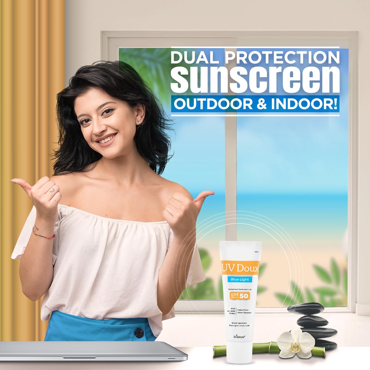 Brinton UV Doux Blue Light Sunscreen Protection Gel SPF 50 PA+++ UVA/UVB for Men & Women | Matte Finish & Water Resistant | For All Skin Types, 50g