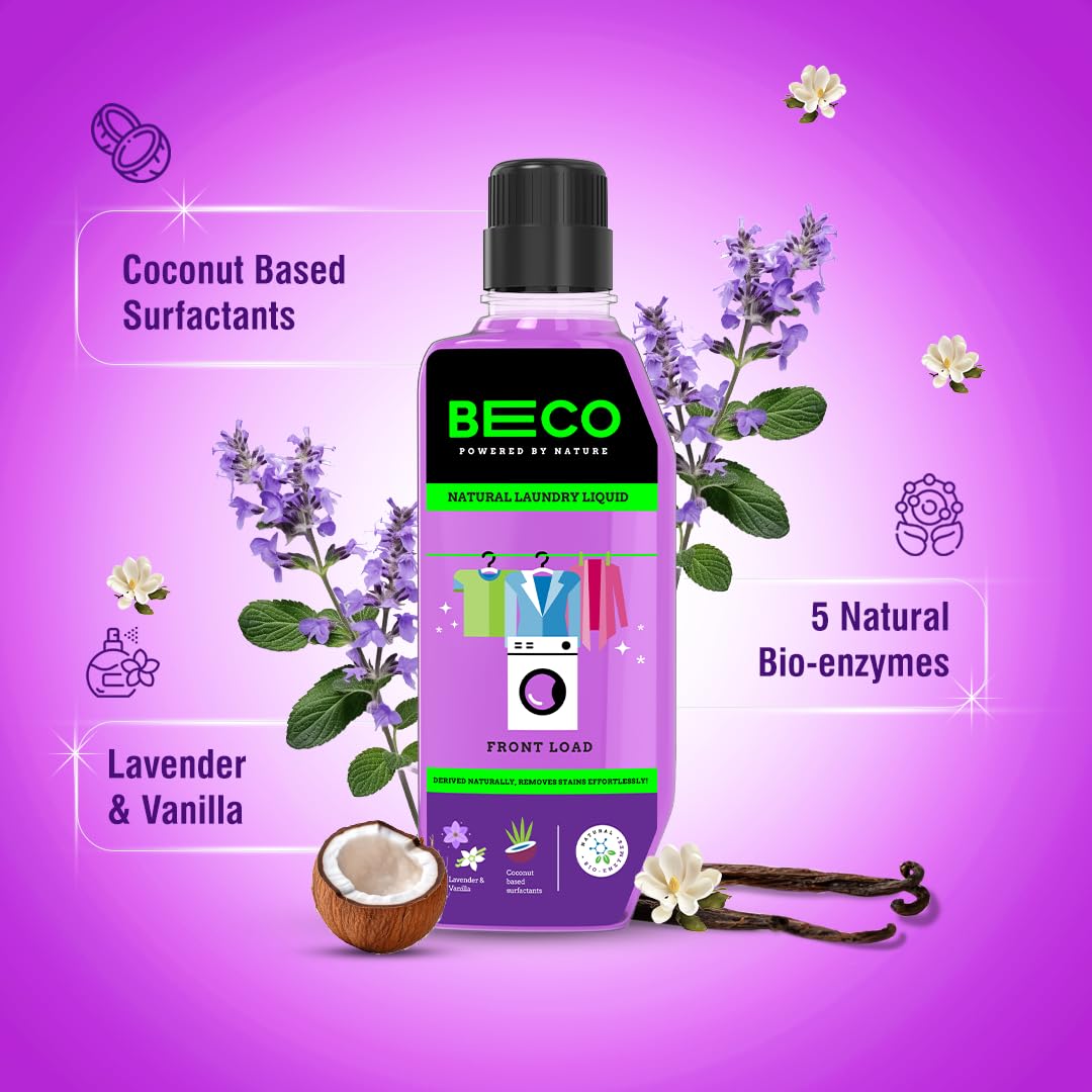 Beco Matic-Front Load Natural Laundry Liquid Detergent| 2 Litre Super Value Refill | Natural Formula for Tough Stain Removal & Fabric Care | No Harsh Chemicals | 100% Ecofriendly