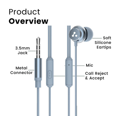 Ambrane Stringz 38 Wired Earphones with Mic, Powerful HD Sound with High Bass, Tangle Free Cable, Comfort in-Ear Fit, 3.5mm Jack (Space Grey)