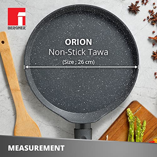 Bergner Orion NonStick 26 cm Tawa/ Dosa Pan, 100% Recyclable, For Low Oil Paratha/Dosa/Uttapam/Pancake/ Crepe/Eggs/Toasts, Textured Soft Touch Handle, Granite Finish, Induction & Gas ready, 1-Year Warranty