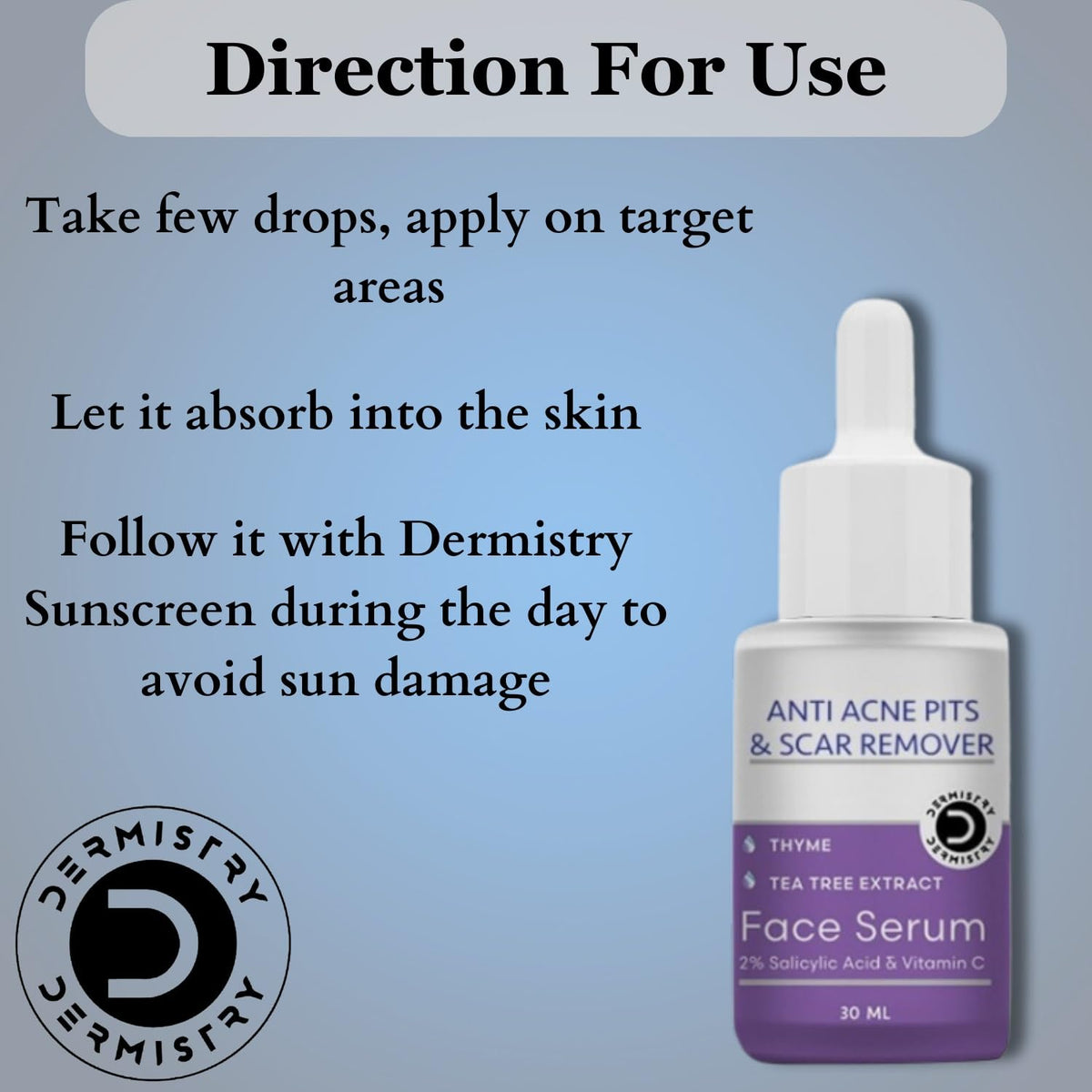 Dermistry 2% Salicylic Acid Niacinamide Anti Acne Face Serum For Pimples Blemishes Oily Acne Prone Skin-30ml