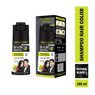 4x Indica Easy Hair Color Shampoo- Natural Black for Women and Men| Pump pack with Herbal Extracts |Grey Coverage in 10mins | Ammonia Free | 180ml each (Pack of 4)