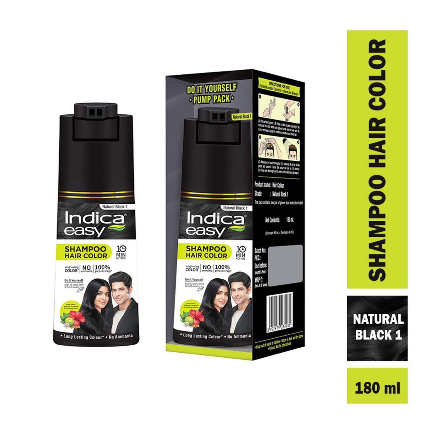 4x Indica Easy Hair Color Shampoo- Natural Black for Women and Men| Pump pack with Herbal Extracts |Grey Coverage in 10mins | Ammonia Free | 180ml each (Pack of 4)