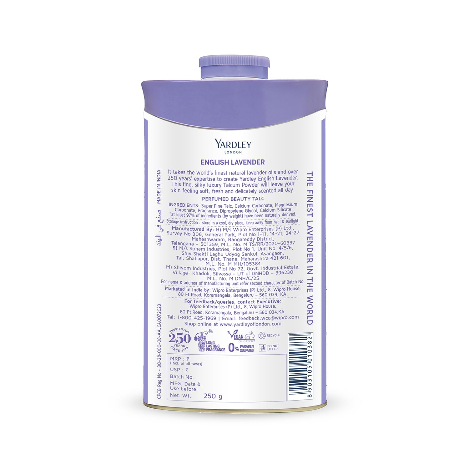 4x Yardley London English Lavender Perfumed Talc| Fragrant Beauty Talc for Women| Smooth texture | 250g - Pack of 4
