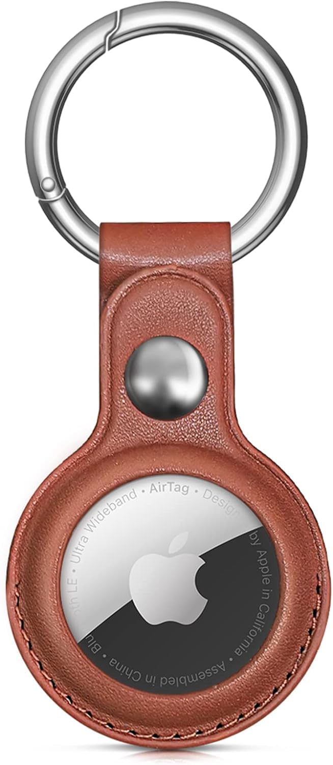 AMiRiTE ADS37 Premium Faux Leather Key Ring Holder Case Cover Compatible with Apple Airtag [ Only Key Holder Cover, Airtag Not Included ] (Brown)