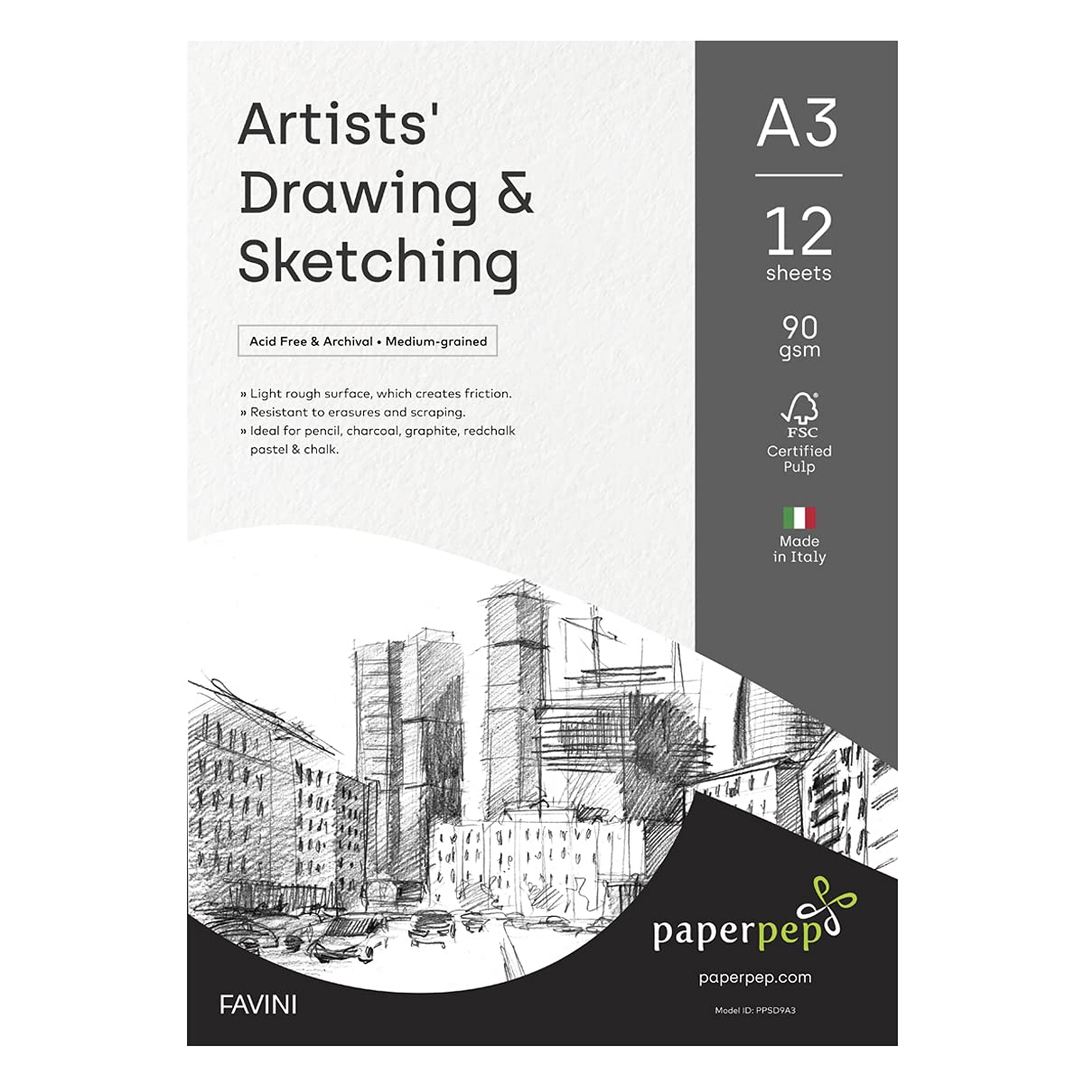PaperPep Artists' Sketching & Drawing Paper 90GSM A3 Pack of 24 for Sketching & Drawing with Pencil, Charcoal, Graphite, redchalk Pastel, Chalk, Oil Pastel & Wax Crayon for Artists' & Amateurs
