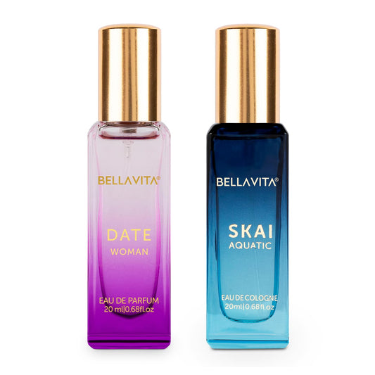 Bella Vita Luxury Women Skai Aquatic & Date Liquid Perfume Combo With Bergamot, Pink Pepper|Long Lasting Edc, Edp Fragrance Fresh, Floral Scent Pack Of 2, 20 Ml Each