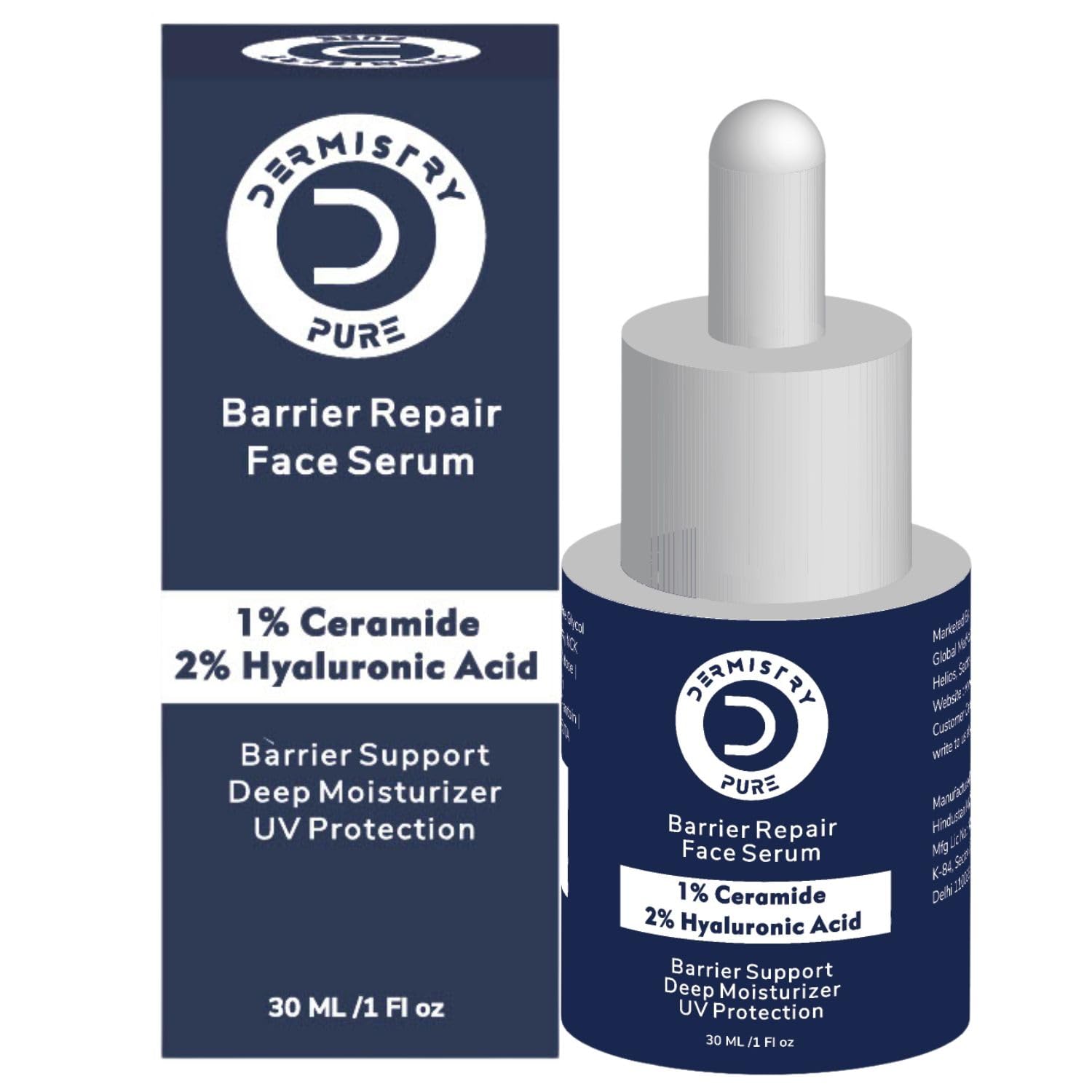 Dermistry Pure 1% Ceramides + 2% Hyaluronic Acid Barrier Repair Face Serum for Sensitive & Dry Skin Glowing Hydrating Soothing Deep Moisturizer UV Protection 30ml