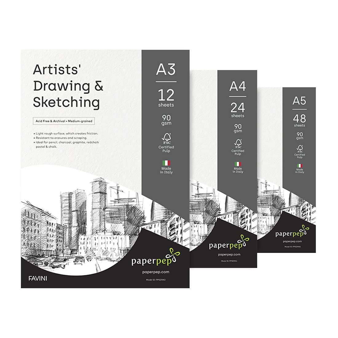 PaperPep Artists' Sketching & Drawing Paper 90GSM A3 (Pack of 12) + A4 (Pack of 24) + A5 (Pack of 48) for Sketching & Drawing with Pencil, Charcoal, Graphite,Pastel, Chalk for Artists' & Amateurs