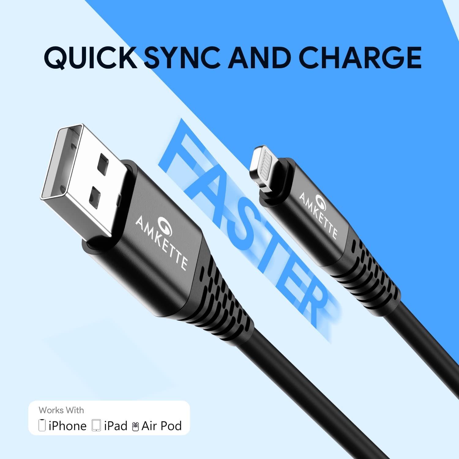AMKETTE PowerPro iPhone Fast Charging Cable, USB to 8-Pin Fast Charging with Up to 480 Mbps Transfer Speed and 6 Months Warranty - 1 Meter (Black)