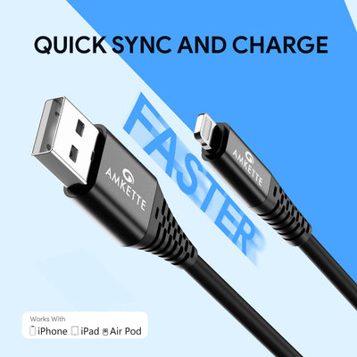 AMKETTE PowerPro iPhone Fast Charging Cable, USB to 8-Pin Fast Charging with Up to 480 Mbps Transfer Speed and 6 Months Warranty - 1 Meter (Black)