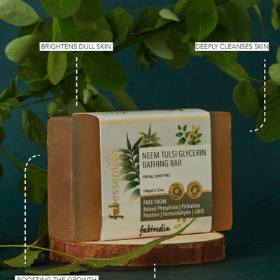 8x Fabessentials Neem Tulsi Glycerin Bathing Bar | with Walnut Granules | for Cleansing, Nourishing and Rejuvenating Skin | Vegan & Toxin Free - 100 gm Pack of 8