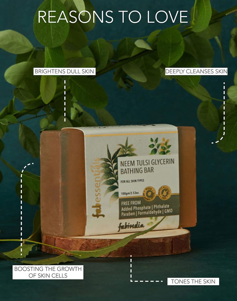 8x Fabessentials Neem Tulsi Glycerin Bathing Bar | with Walnut Granules | for Cleansing, Nourishing and Rejuvenating Skin | Vegan & Toxin Free - 100 gm Pack of 8