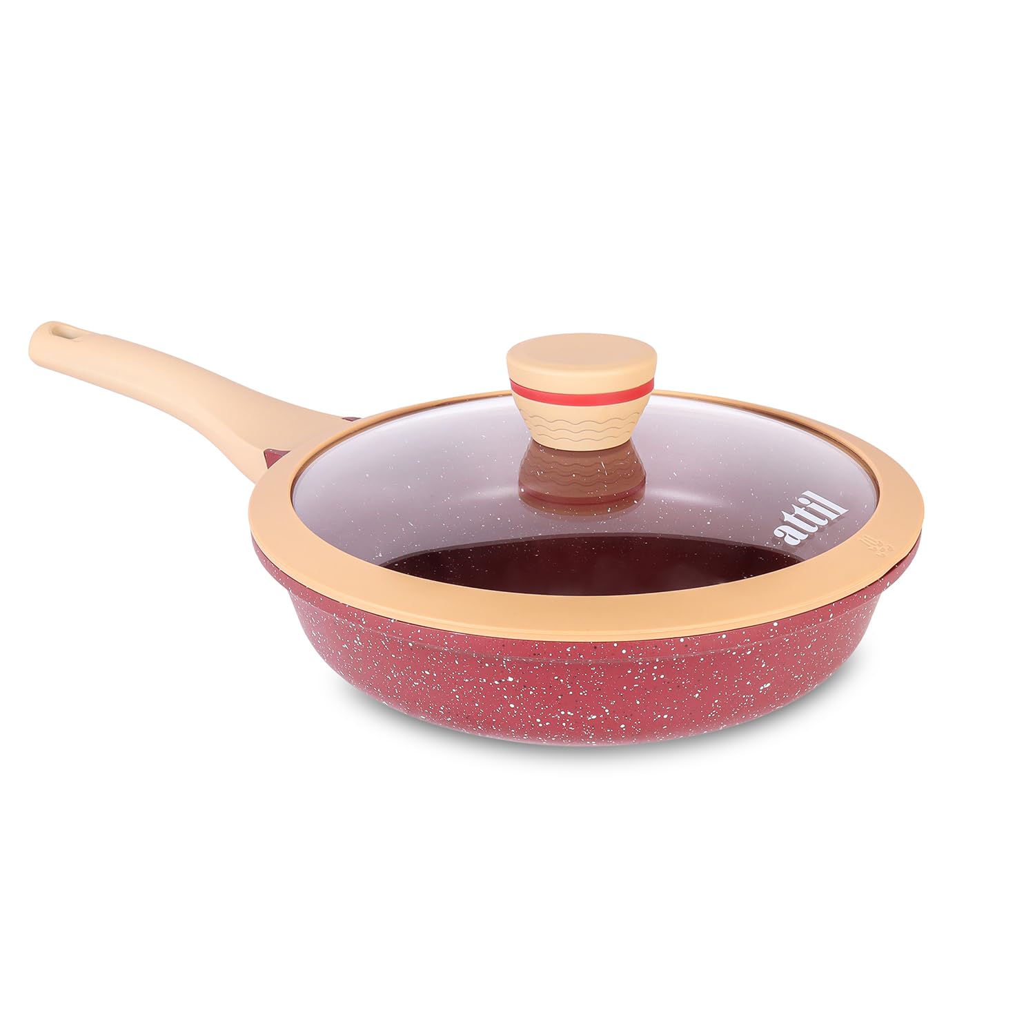 ATTIL - 28 cm Non-Stick Fry Pan with Glass Lid and Silicone Spatula - Induction Base - Granite Cookware Frying Pan - 2.5 LTR - Granite Red