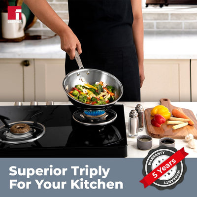 Bergner Argent Triply 22 cm Wok, 2.2 L Capacity, Stainless Steel Lid, For Stir-Fry/Sauté/Noodles/Fried Rice/Shallow Fry/Curries, Heat Resistant Handle, Multi-Layered Mirror Finish, Induction & Gas Ready, 5-Year Warranty