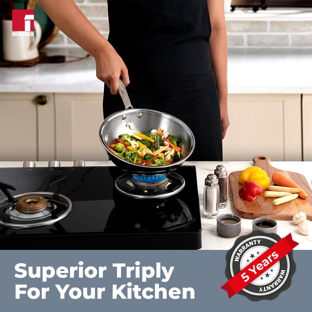Bergner Argent Triply 22 cm Wok, 2.2 L Capacity, Stainless Steel Lid, For Stir-Fry/Sauté/Noodles/Fried Rice/Shallow Fry/Curries, Heat Resistant Handle, Multi-Layered Mirror Finish, Induction & Gas Ready, 5-Year Warranty