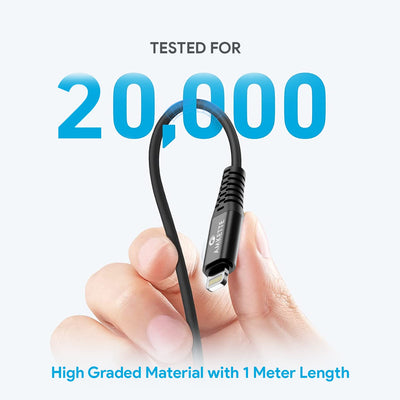 AMKETTE PowerPro iPhone Fast Charging Cable, USB to 8-Pin Fast Charging with Up to 480 Mbps Transfer Speed and 6 Months Warranty - 1 Meter (Black)