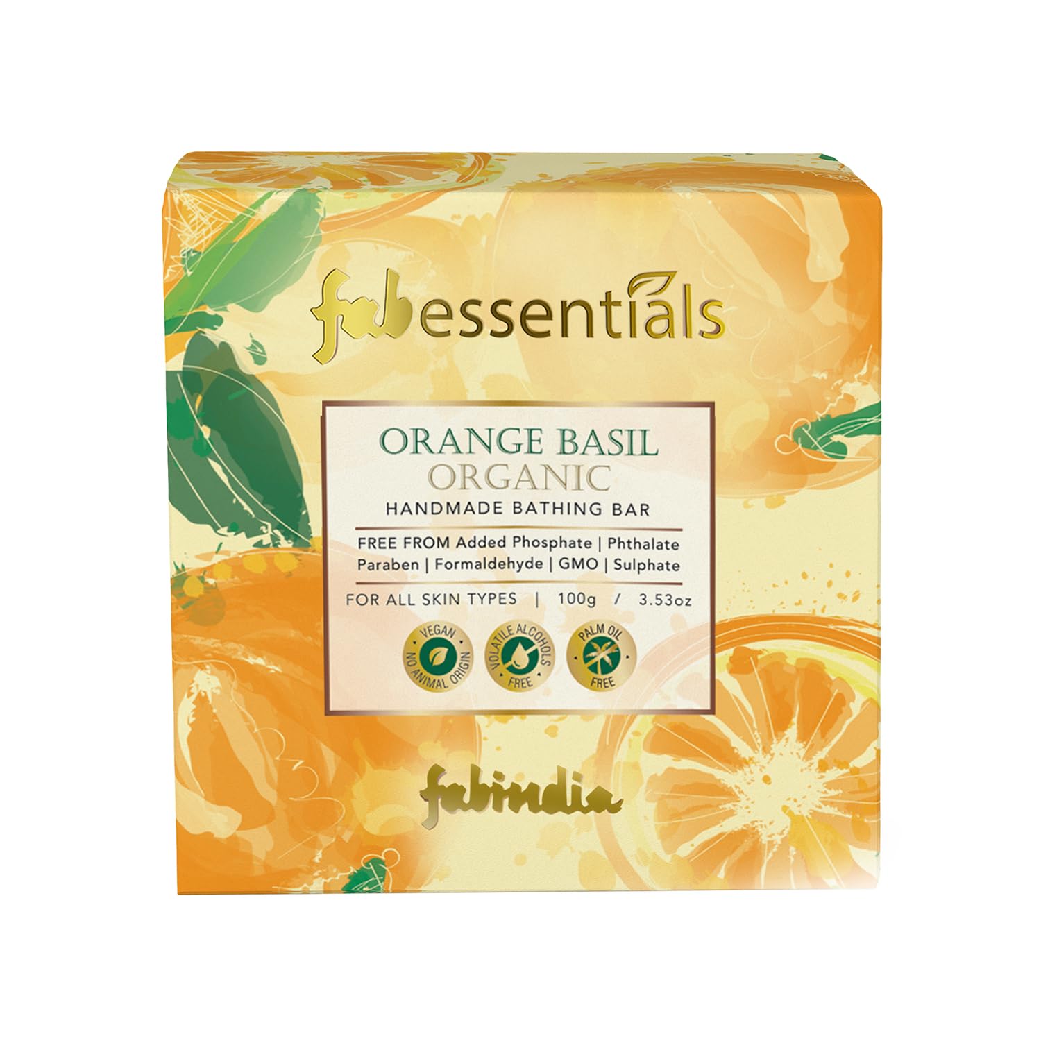 8x Fabessentials Orange Basil Organic Handmade Bathing Bar | with Natural Biaoctives | Cleanses, Nourishes & Brightens Skin | Vegan & Palm-Oil Free - 100 gm Pack of 8