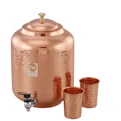 Copper-Master 5 Litre Pure Copper Hammered Water Dispenser (Matka) Container Pot with 2 Pure Copper Glasses Pure Copper and Ayurvedic Health Benefits (5000 ml + 600 ml)