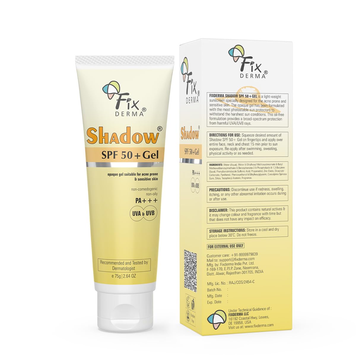 Fixderma Shadow Sunscreen SPF 50+ PA+++ Gel | Sunscreen SPF 50 for Oily, Acne Prone & Normal Skin | Broad Spectrum & UVA & UVB Protection | Lightweight | No White Cast | For Unisex - 75G
