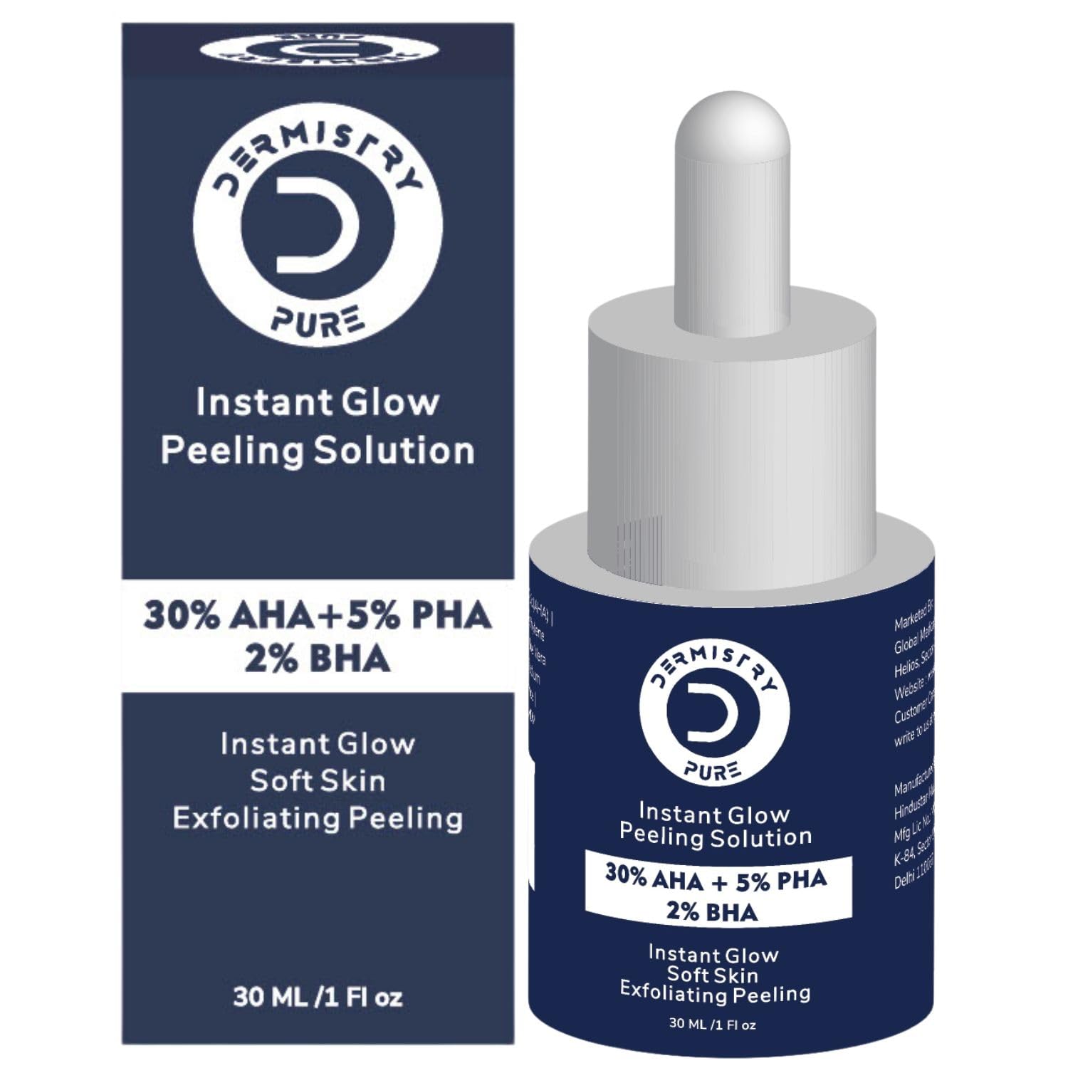 Dermistry Pure 30% AHA + 5% PHA + 2% BHA Skin Lightening Brightening Instant Glowing Smooth Peeling Exfoliating Solution Face Serum For Instant Glow 30ml