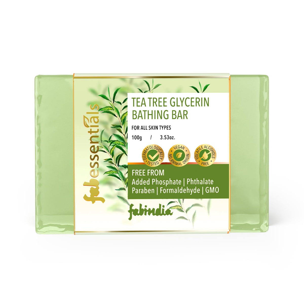 8x Fabessentials Tea Tree Glycerin Bathing Bar | with Natural Bioactives | Cleansing, Refreshing and Nourishing | Vegan & Toxin Free - 100 gm Pack of 8