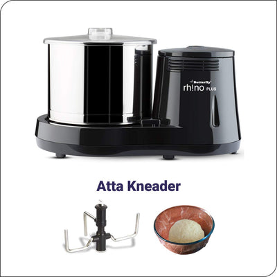 Butterfly Rhino Plus 2 Litres Table-Top Wet Grinder | 150 Watts | Shockproof ABS Body | Coconut Scrapper Attachment | Dough Kneader | Stainless Steel Drum | 2 Years Manufacturer's Warranty | Grey