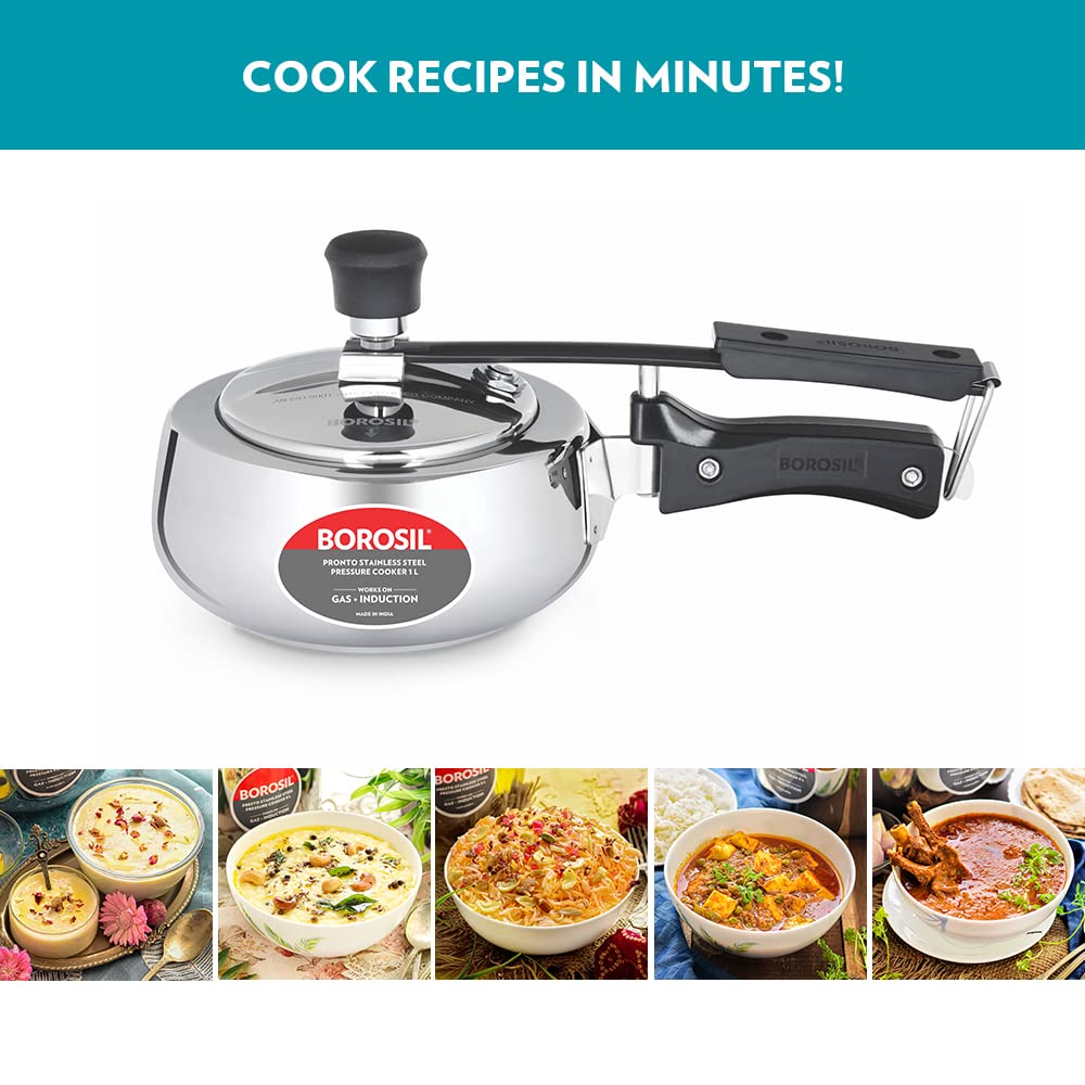 Borosil Pronto 1 L Inner Lid Stainless Steel Pressure Cooker | 6.8 mm Thick Base, Even Heat Distribution | Gas & Induction Campatible | 5 Years Warranty