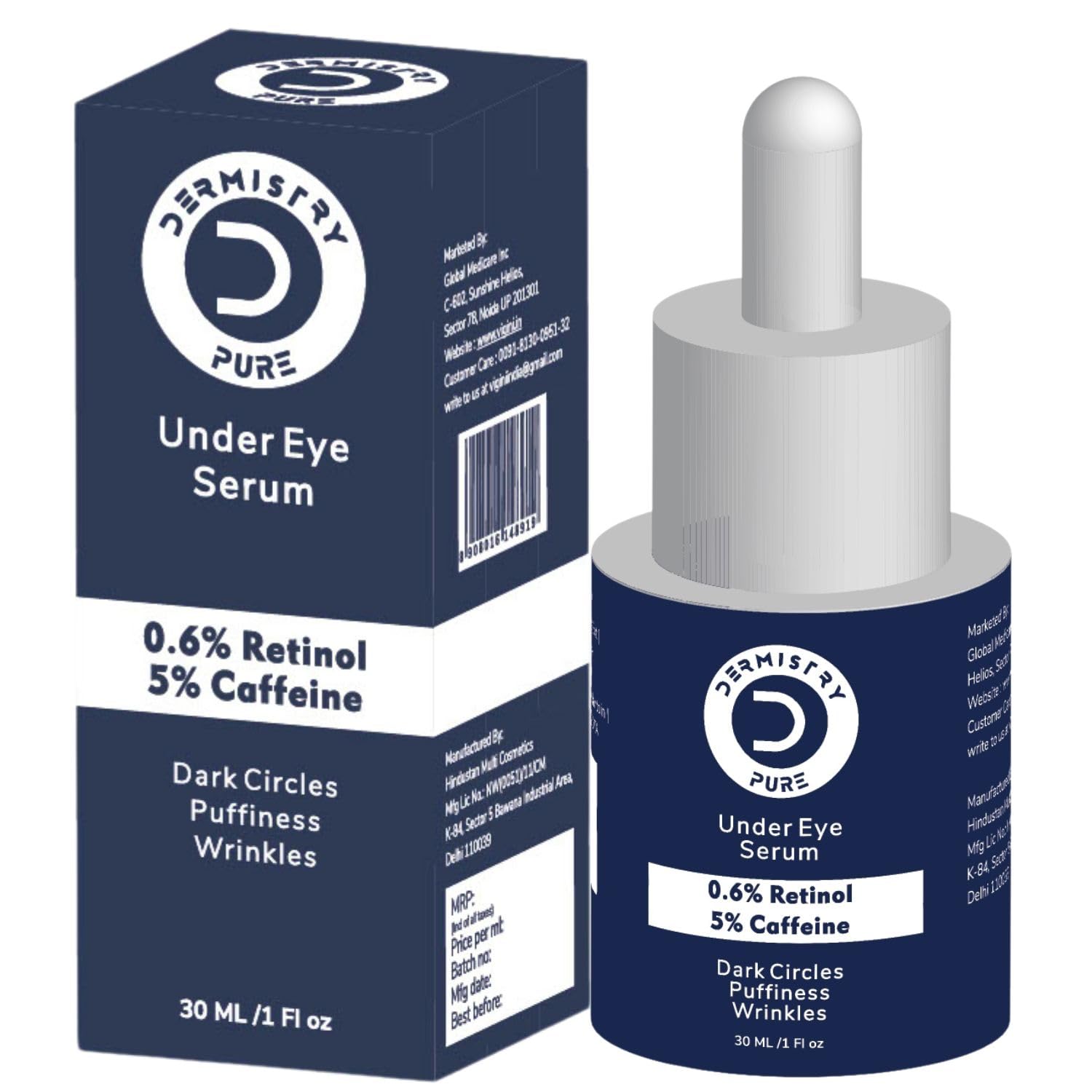 Dermistry Pure 0.6% Retinol 5% Caffeine Anti Ageing Under Eye Serum for Aging Removes Fine Lines Wrinkles Dark Circles Puffiness & Puffy Eyes Rejuvenating 30ml