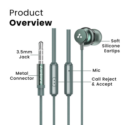 Ambrane Stringz 38 Wired Earphones with Mic, Powerful HD Sound with High Bass, Tangle Free Cable, Comfort in-Ear Fit, 3.5mm Jack (Green), Normal
