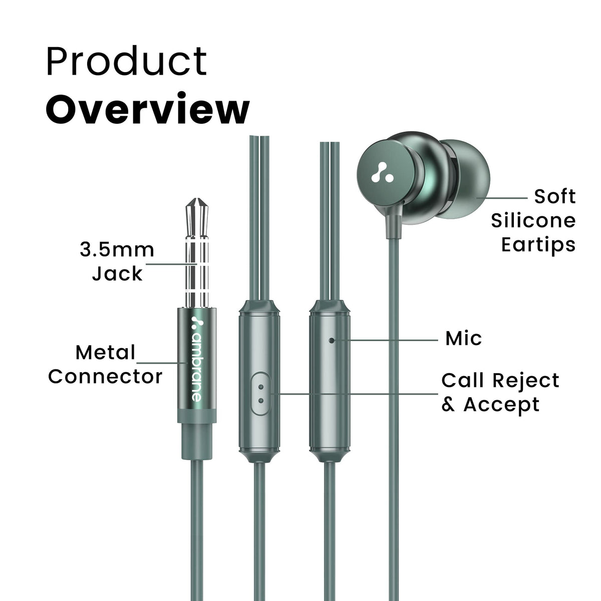 Ambrane Stringz 38 Wired Earphones with Mic, Powerful HD Sound with High Bass, Tangle Free Cable, Comfort in-Ear Fit, 3.5mm Jack (Green), Normal
